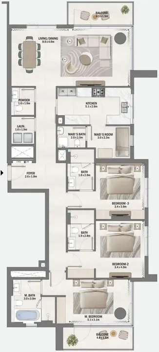 3 BR floor plan