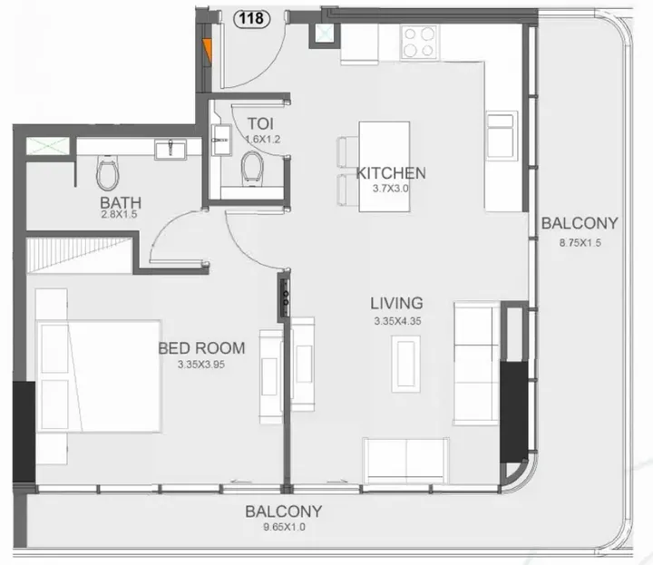 1 BR floor plan