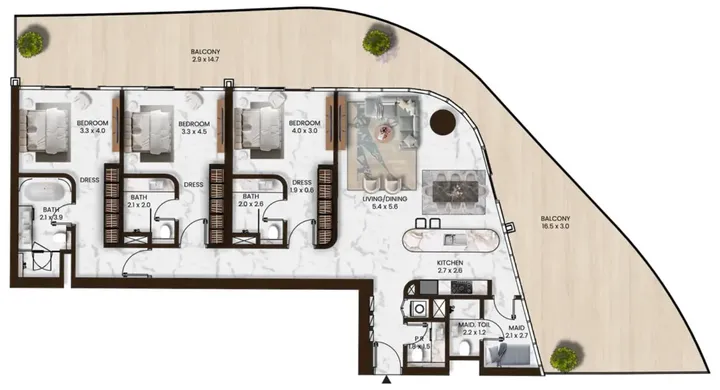 3 BR floor plan