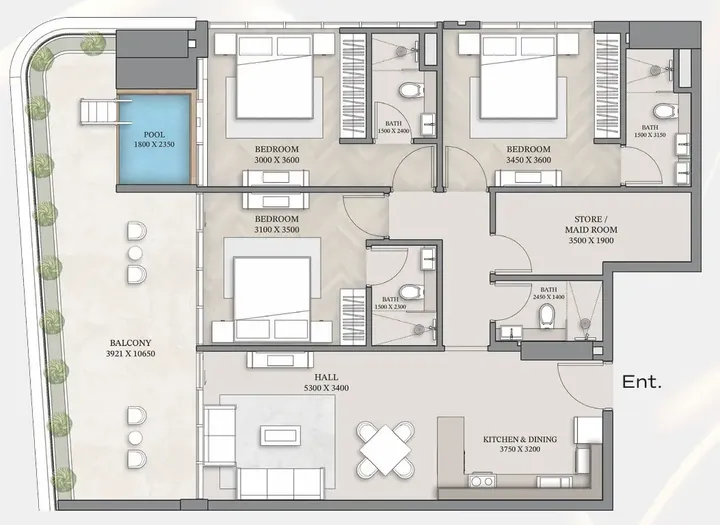 3 BR floor plan