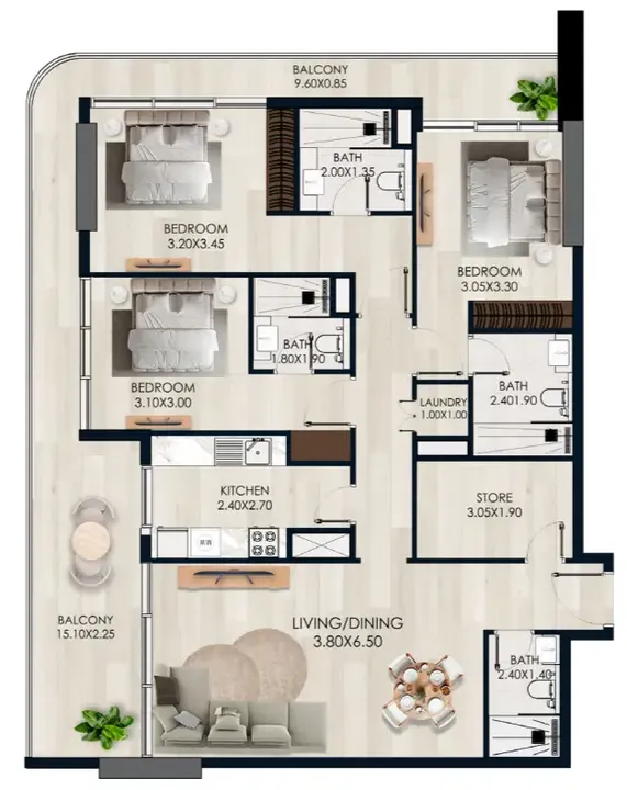 3 BR floor plan