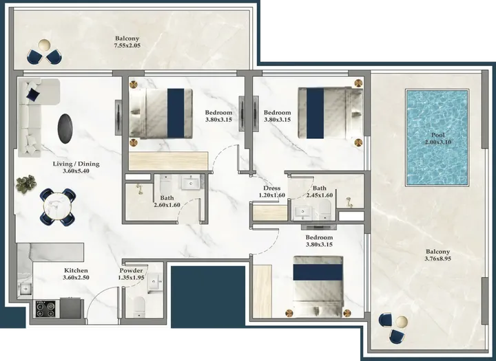 3 BR floor plan