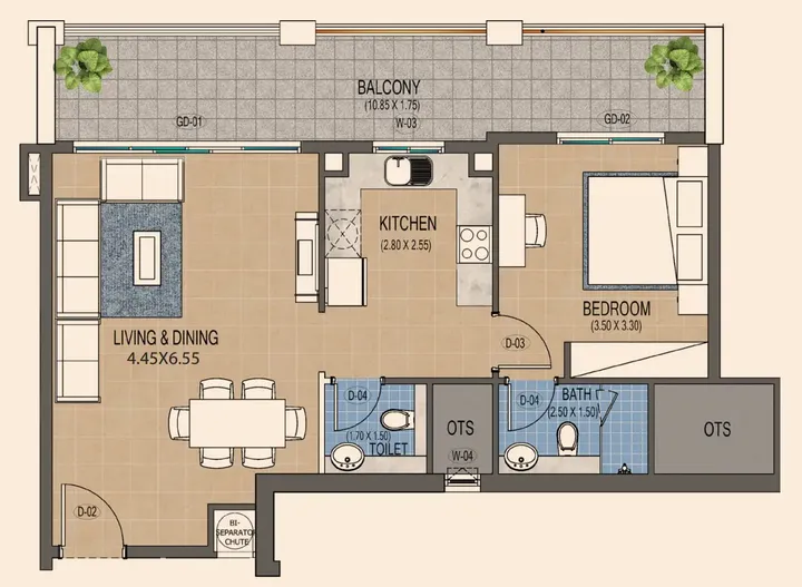 1 BR floor plan