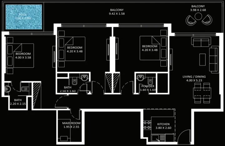 3 BR floor plan