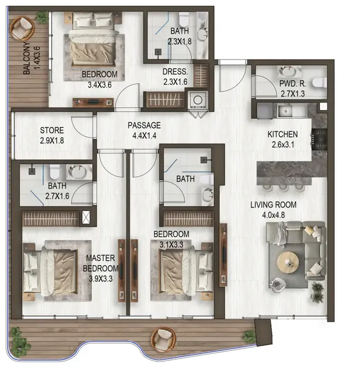 3 BR floor plan