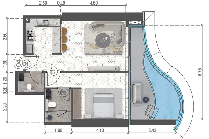 1 BR floor plan