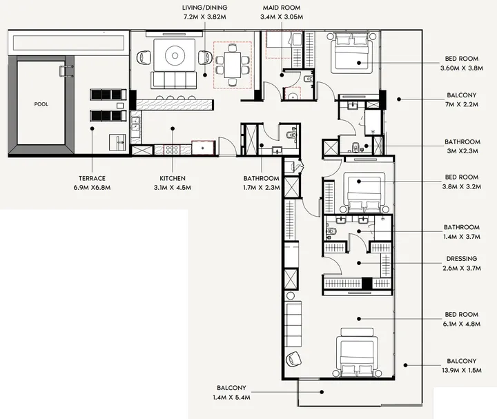 3 BR floor plan