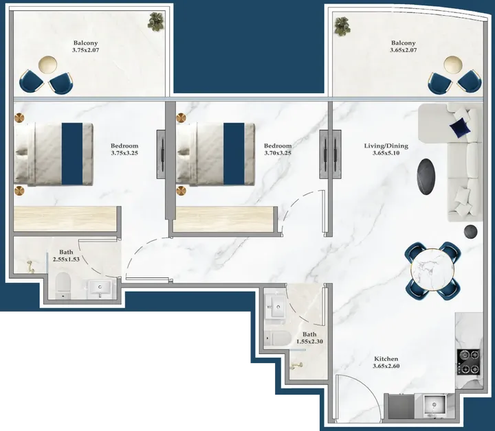 2 BR floor plan