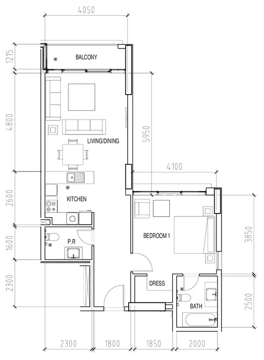 1 BR floor plan