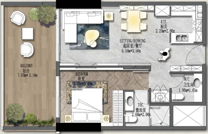 1 BR floor plan