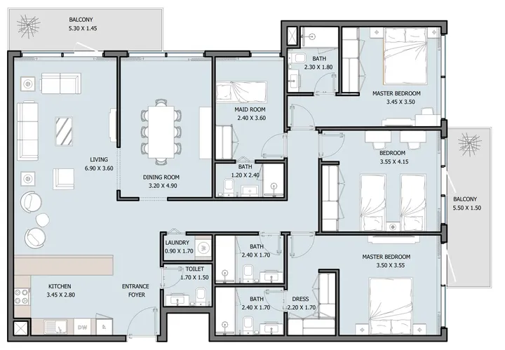 3 BR floor plan