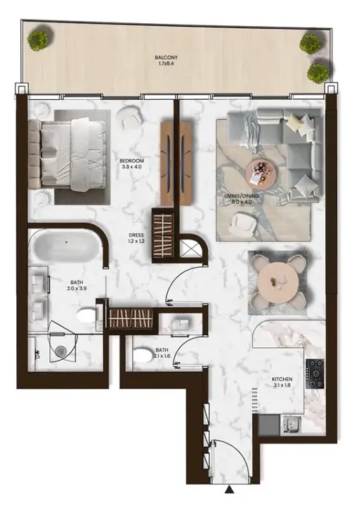 1 BR floor plan