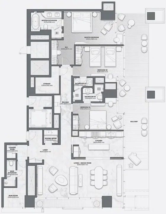 3 BR floor plan