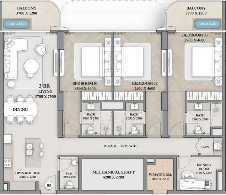 3 BR floor plan
