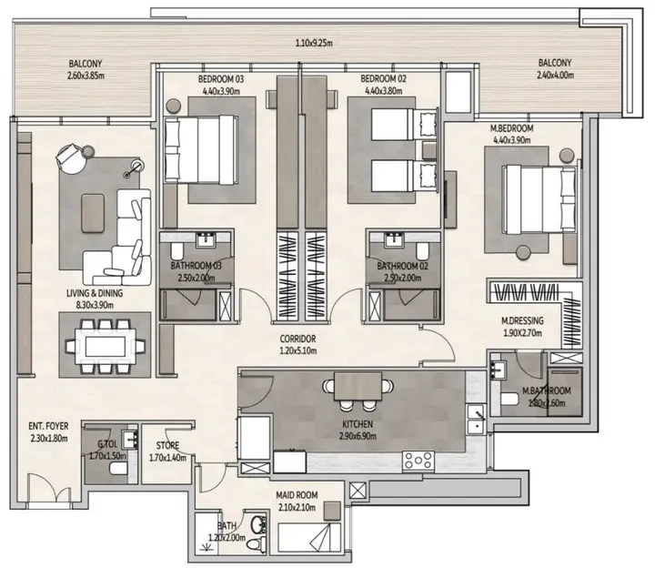 3 BR floor plan