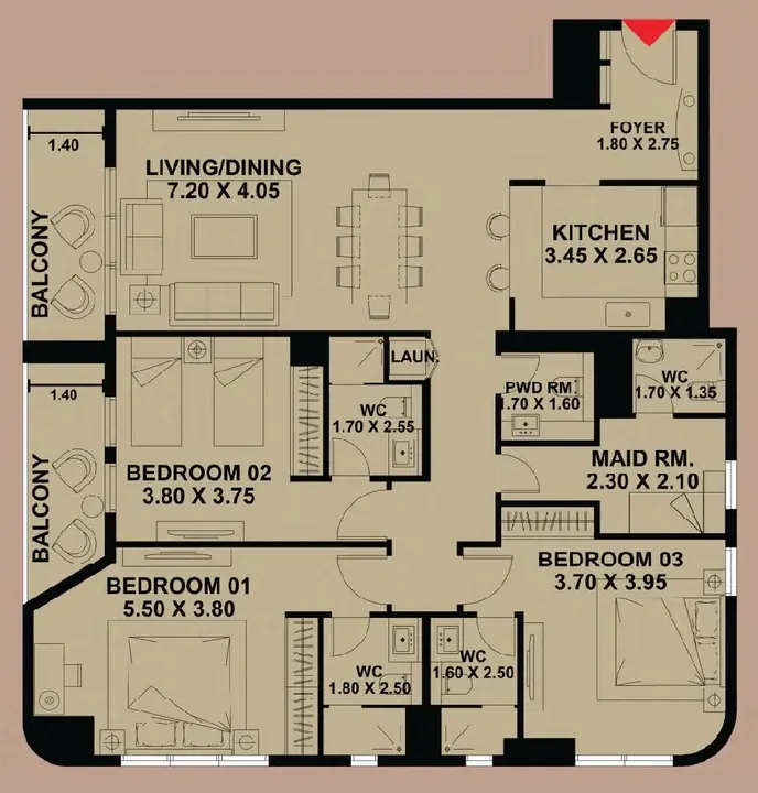 3 BR floor plan
