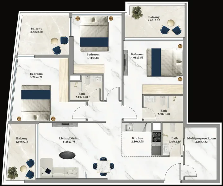3 BR floor plan