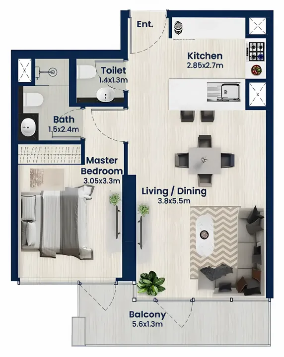 1 BR floor plan
