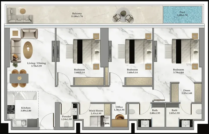 3 BR floor plan
