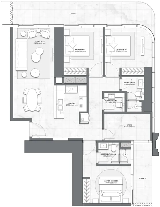 3 BR floor plan