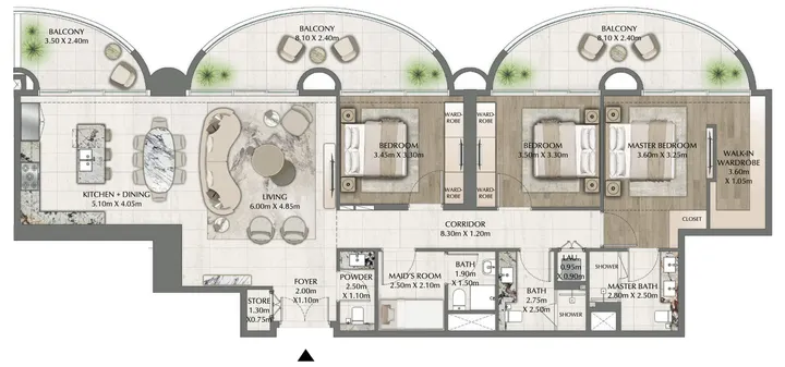 3 BR floor plan