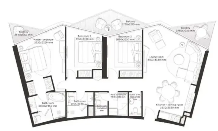 3 BR floor plan