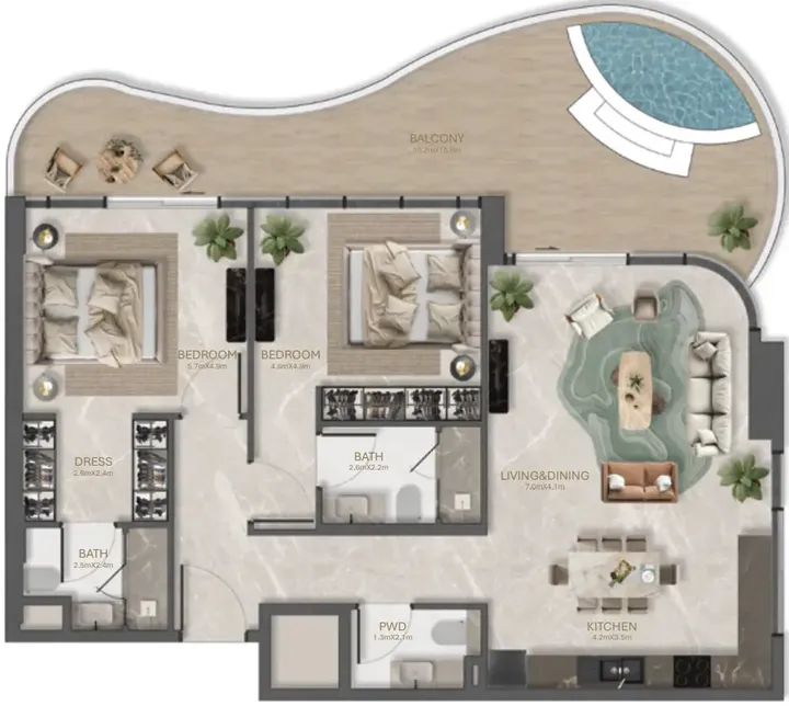 2 BR floor plan