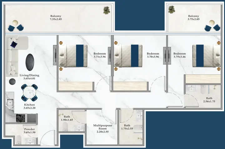 3 BR floor plan