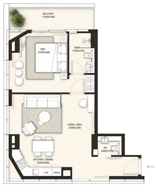 1 BR floor plan