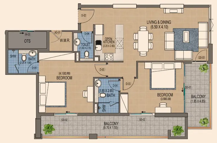 2 BR floor plan
