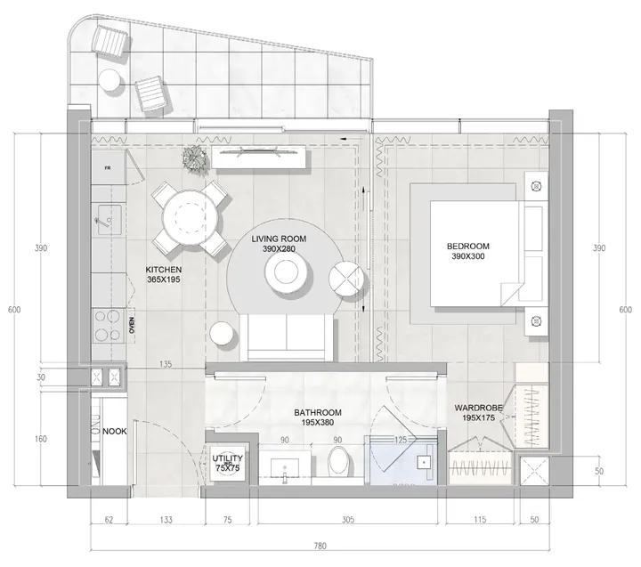 1 BR floor plan