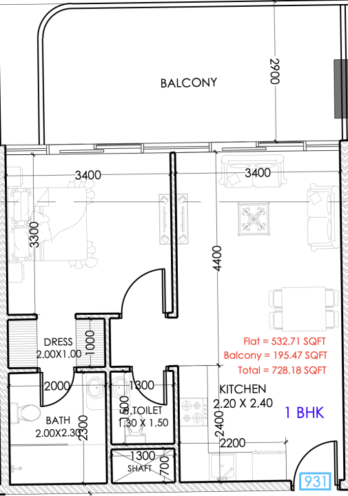 1 BR floor plan