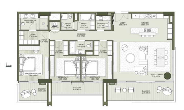 3 BR floor plan