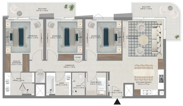 3 BR floor plan
