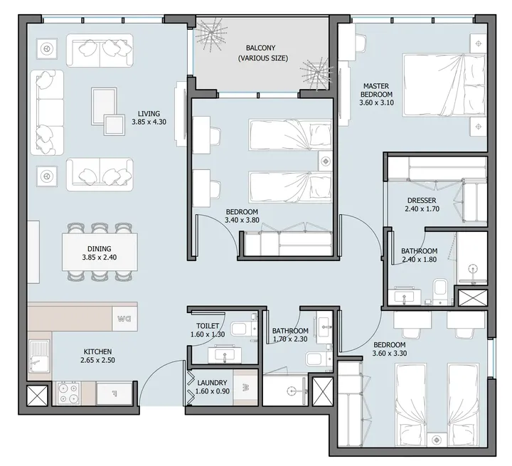 3 BR floor plan