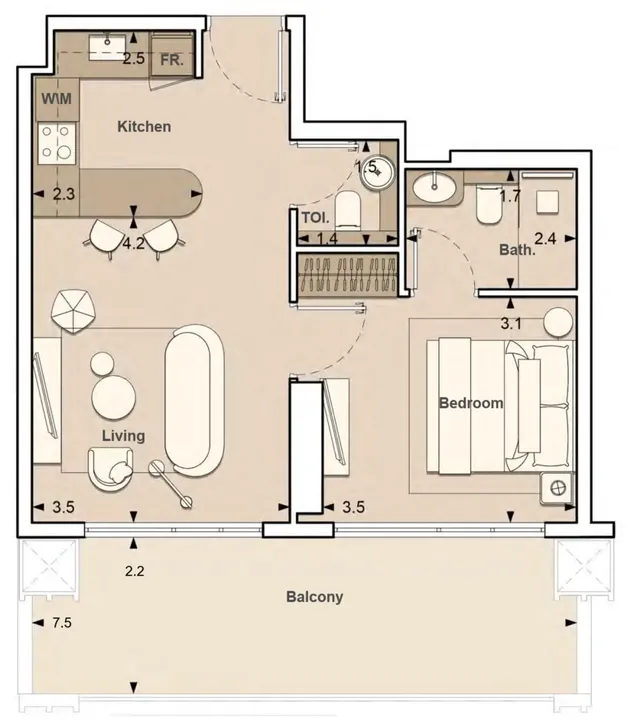 1 BR floor plan