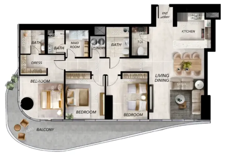 3 BR floor plan