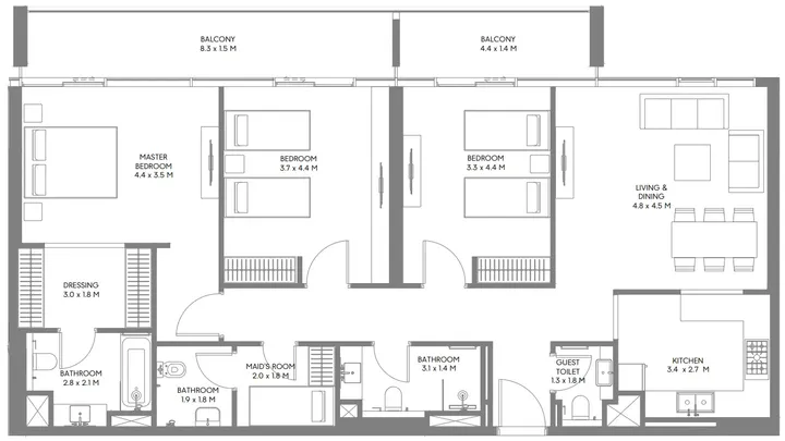 3 BR floor plan