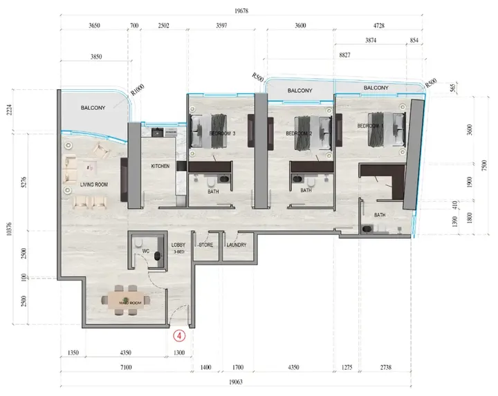 3 BR floor plan