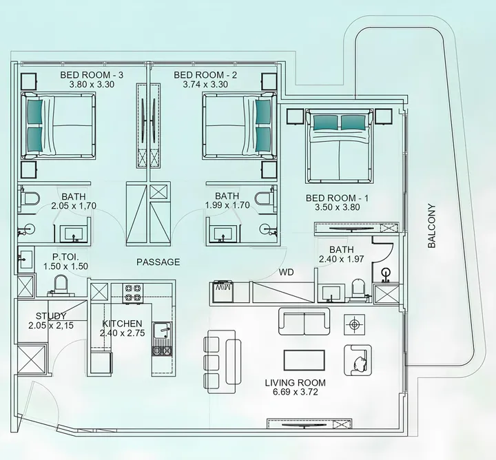 3 BR floor plan
