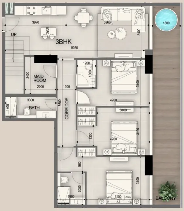 3 BR floor plan