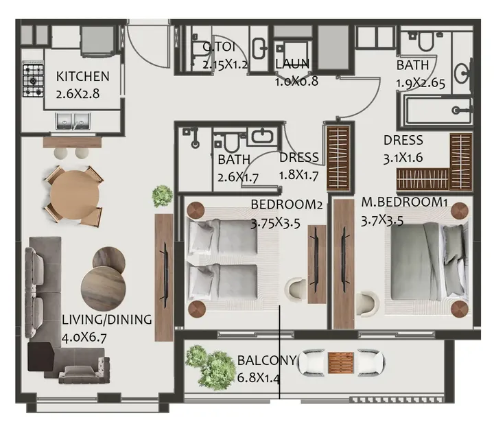 2 BR floor plan