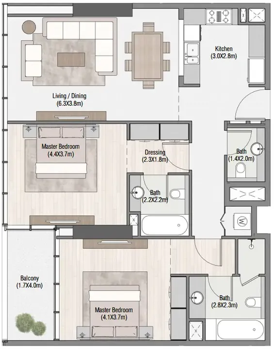 2 BR floor plan