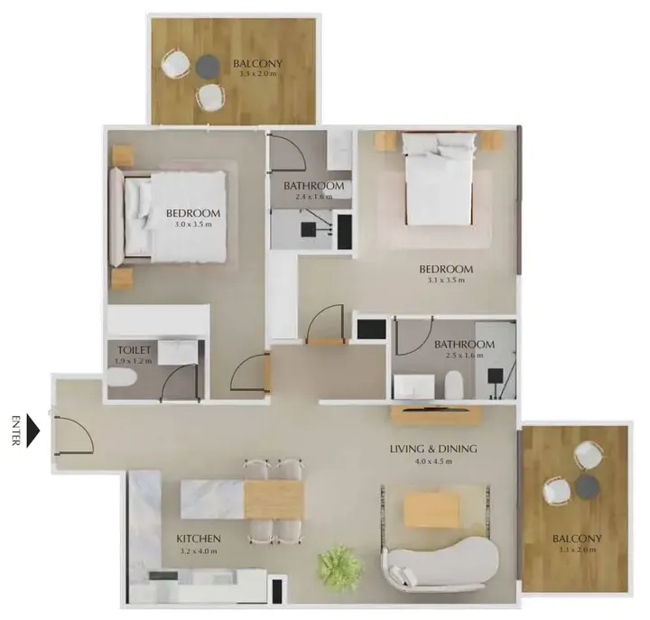 2 BR floor plan