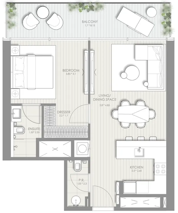1 BR floor plan