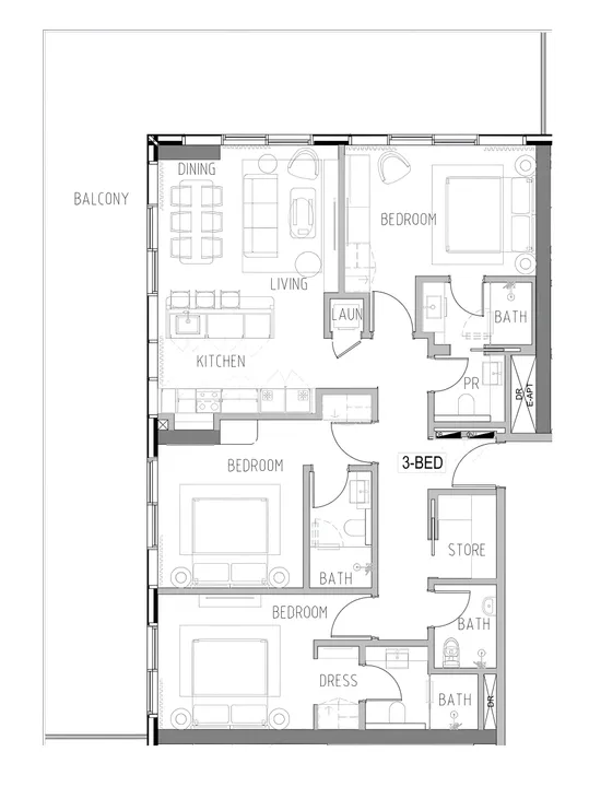 3 BR floor plan