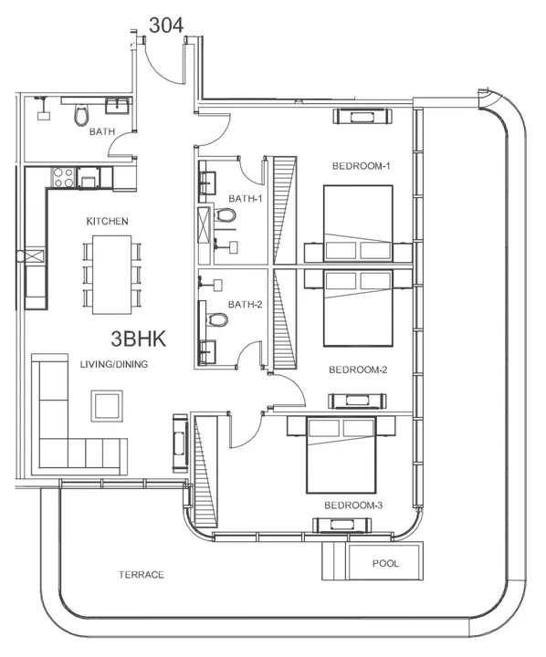 3 BR floor plan