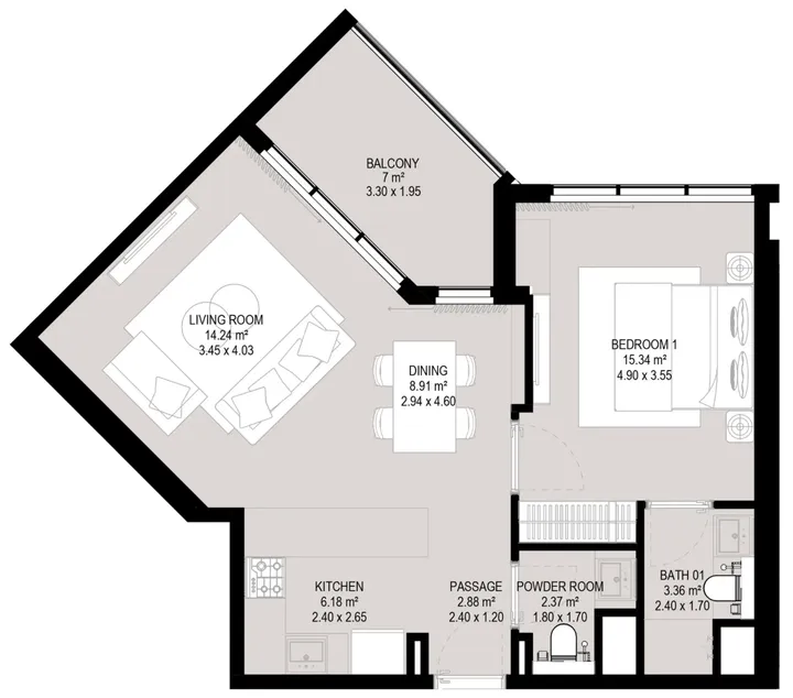 1 BR floor plan