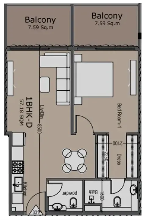 1 BR floor plan