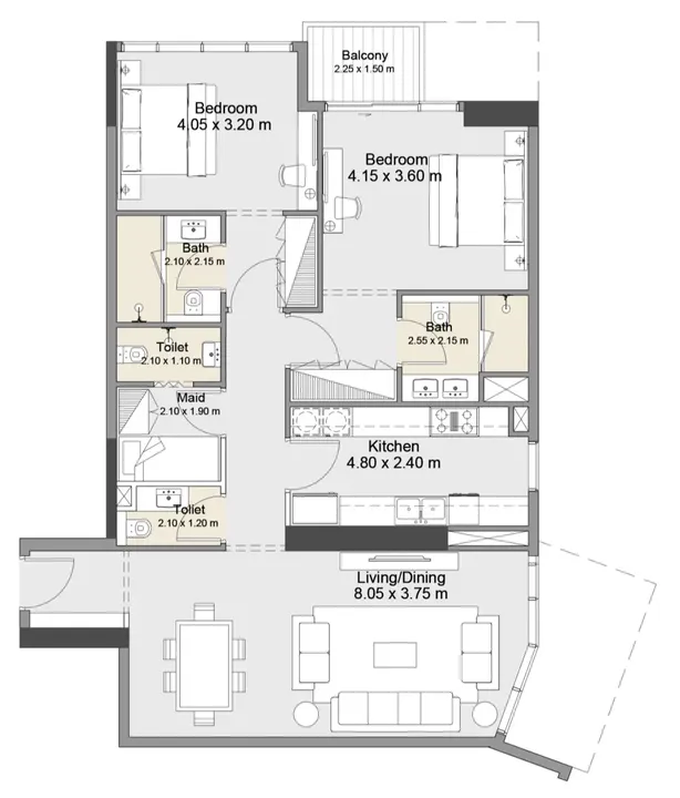 2 BR floor plan